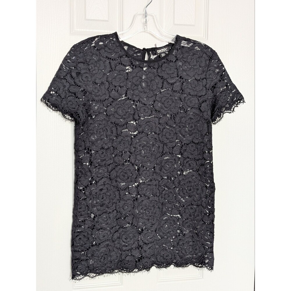 DKNY Women's (Small) Black Floral Lace Short-Sleeve Blouse/Top w/Cut-Outs
